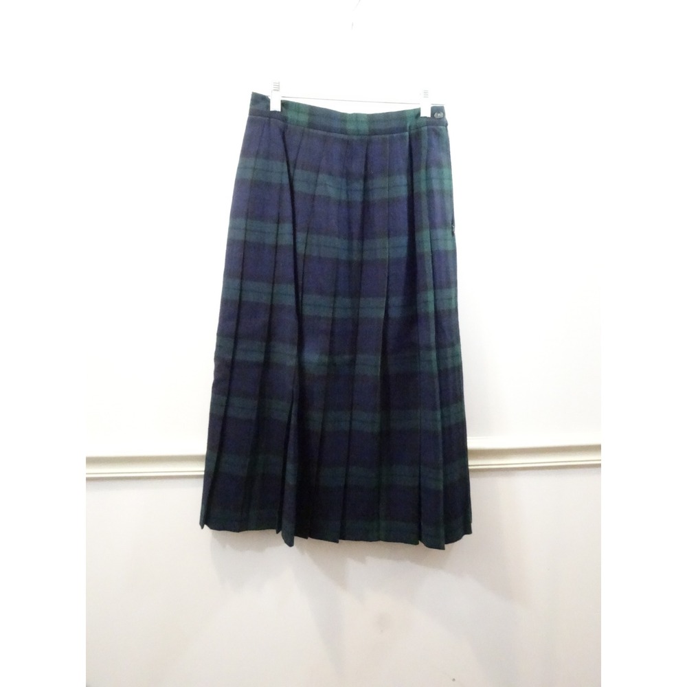 LL Bean Black Watch Plaid Wool Pleated Skirt Womens 8 Petite Made in USA Vintage